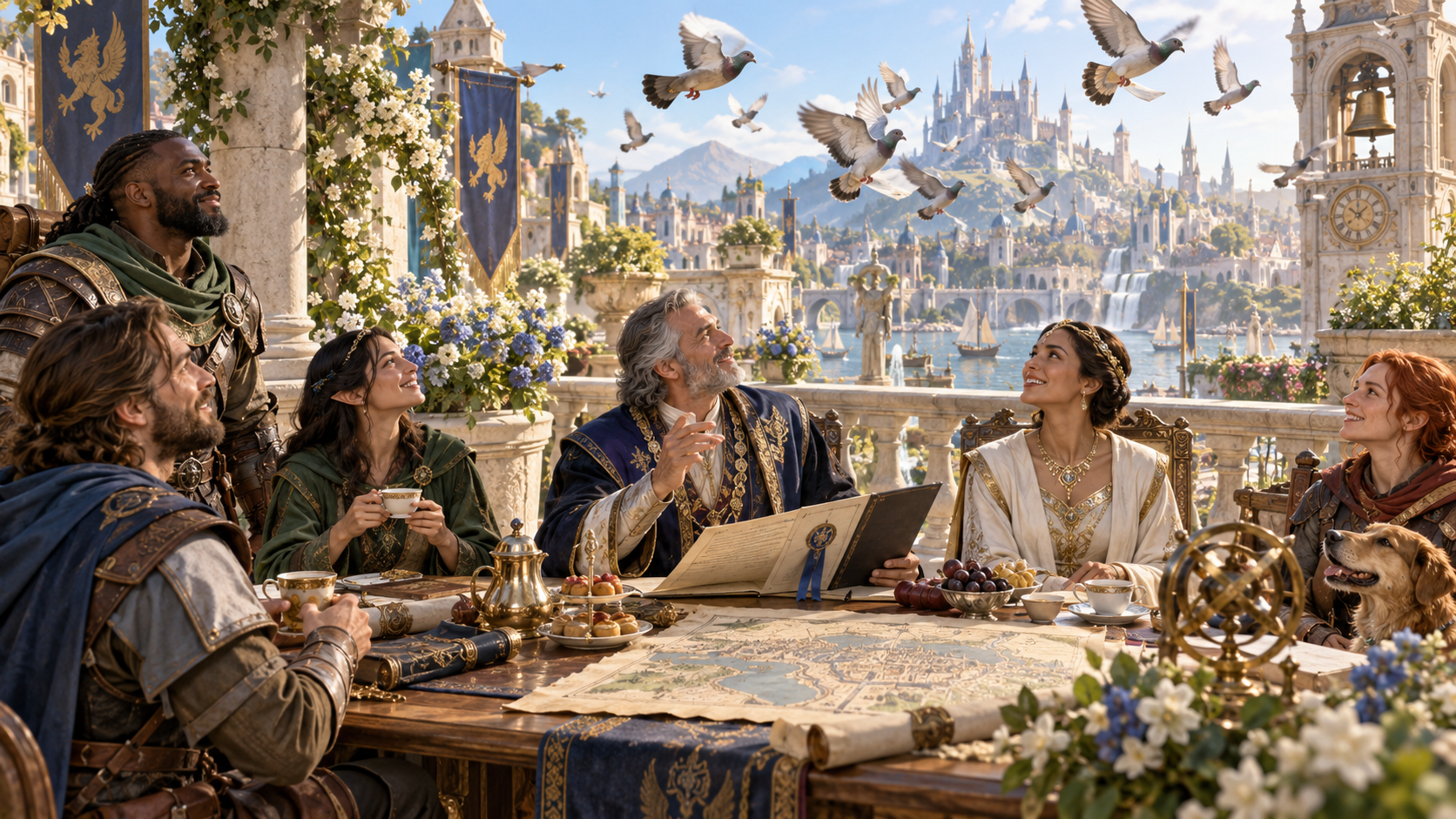 Palace terrace conversation over a map briefly paused by bells and flying pigeons