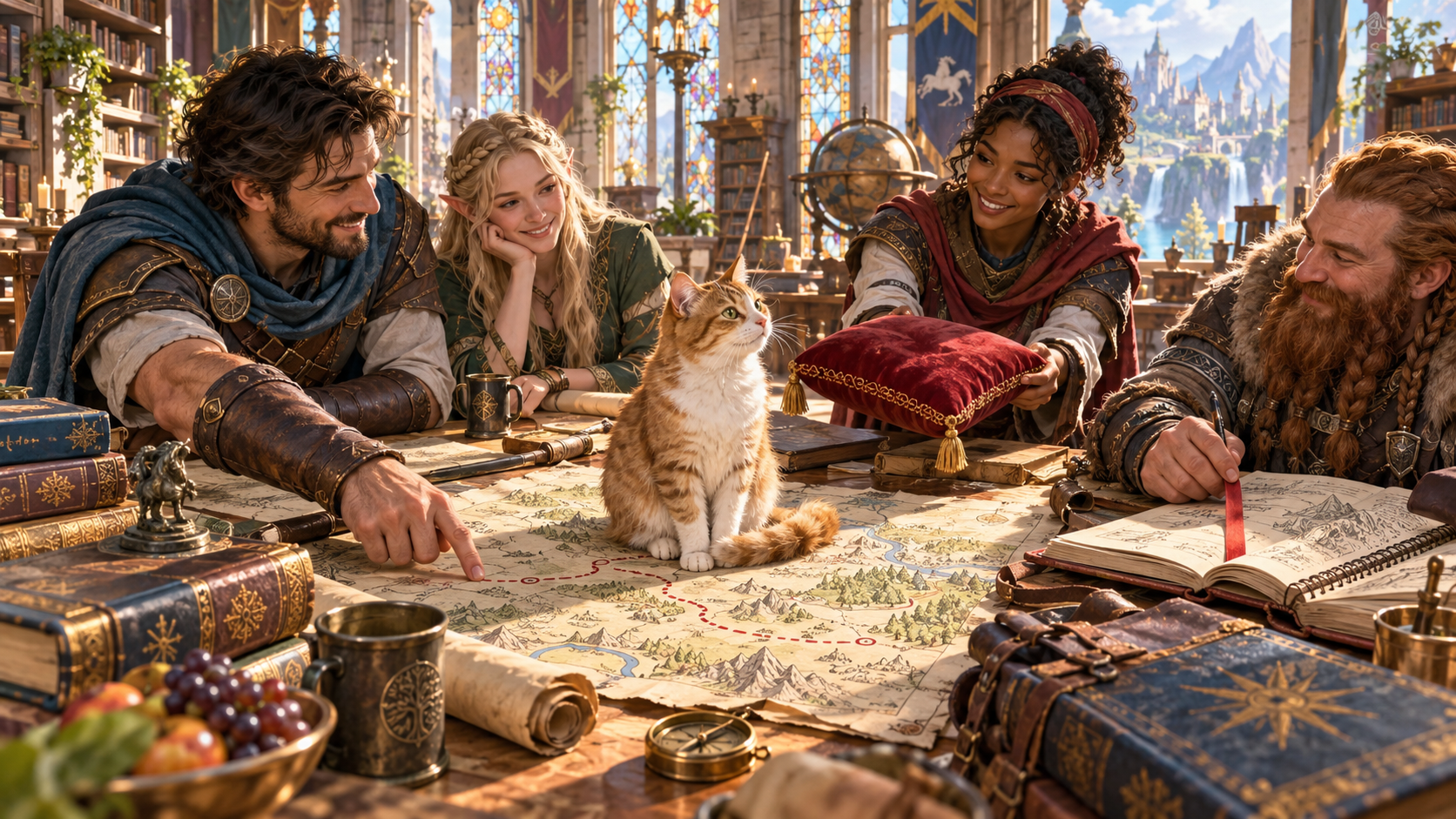 Library group preserving a map route and bookmarked notes around a cat